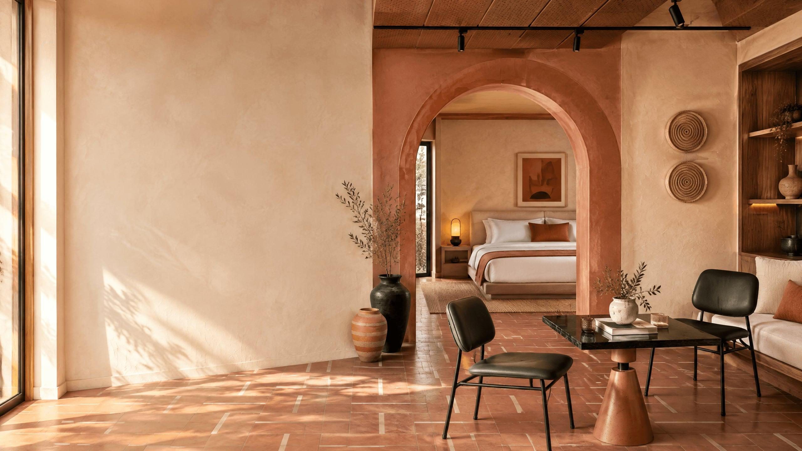 A warm, sunlit Sky Homes suite: terracotta floors, a plastered archway framing the bedroom, and a dark marble table with leather chairs.